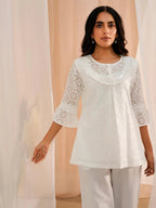 White Embroidered Cotton A-Line Kurti