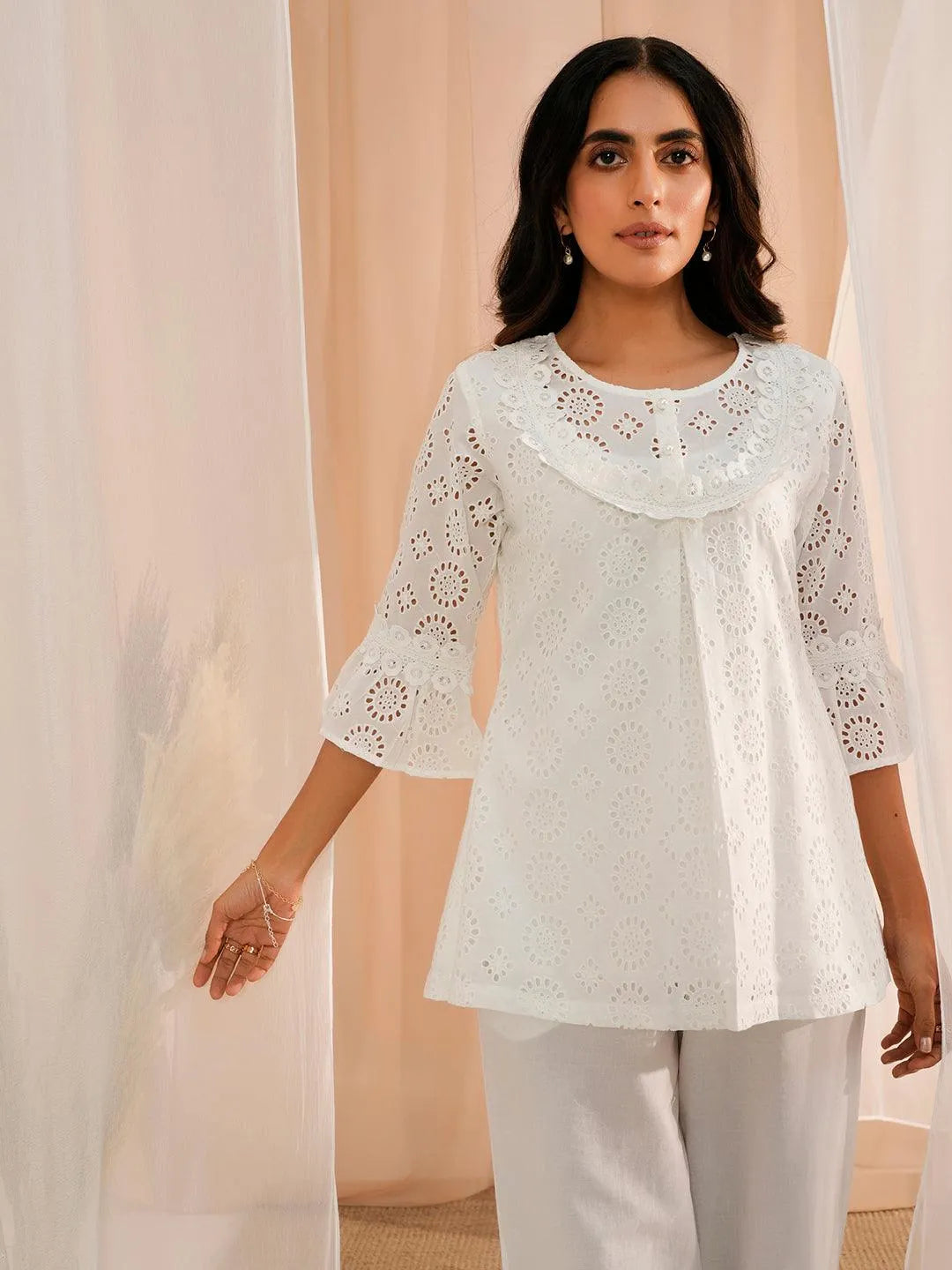 White Embroidered Cotton A-Line Kurti