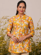 Yellow Printed Silk Blend A-Line Kurti