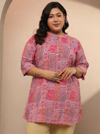 Plus Size Peach Block Printed Silk Blend Straight Short Kurti