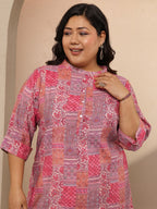 Plus Size Peach Block Printed Silk Blend Straight Short Kurti