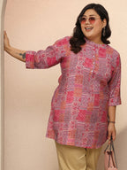 Plus Size Peach Block Printed Silk Blend Straight Short Kurti