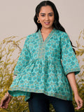 Turquoise Printed Cotton A-Line Kurti