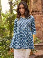 Blue Printed Cotton A-Line Kurti