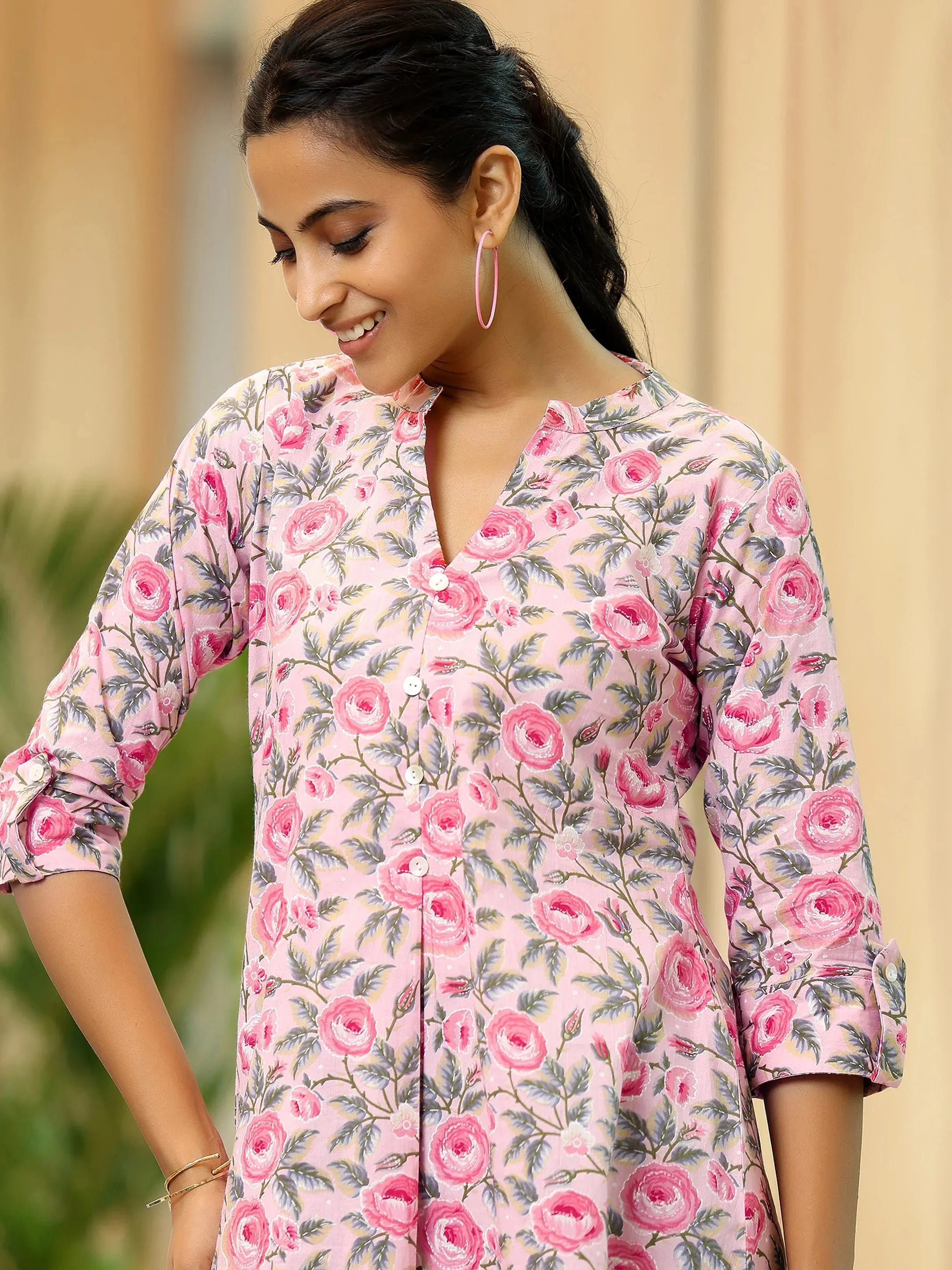 Pink Printed Cotton A-Line Kurti