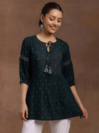 Green Woven Design Rayon A-Line Kurti