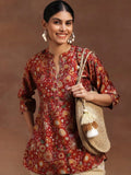 Red Printed Silk Blend A-Line Kurti