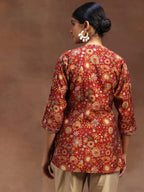 Red Printed Silk Blend A-Line Kurti