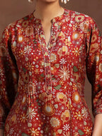 Red Printed Silk Blend A-Line Kurti