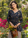 Blue Printed Silk Blend A-Line Kurti