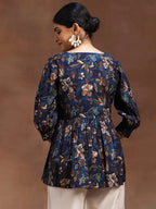 Blue Printed Silk Blend A-Line Kurti