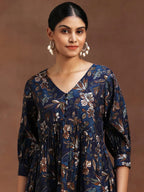 Blue Printed Silk Blend A-Line Kurti