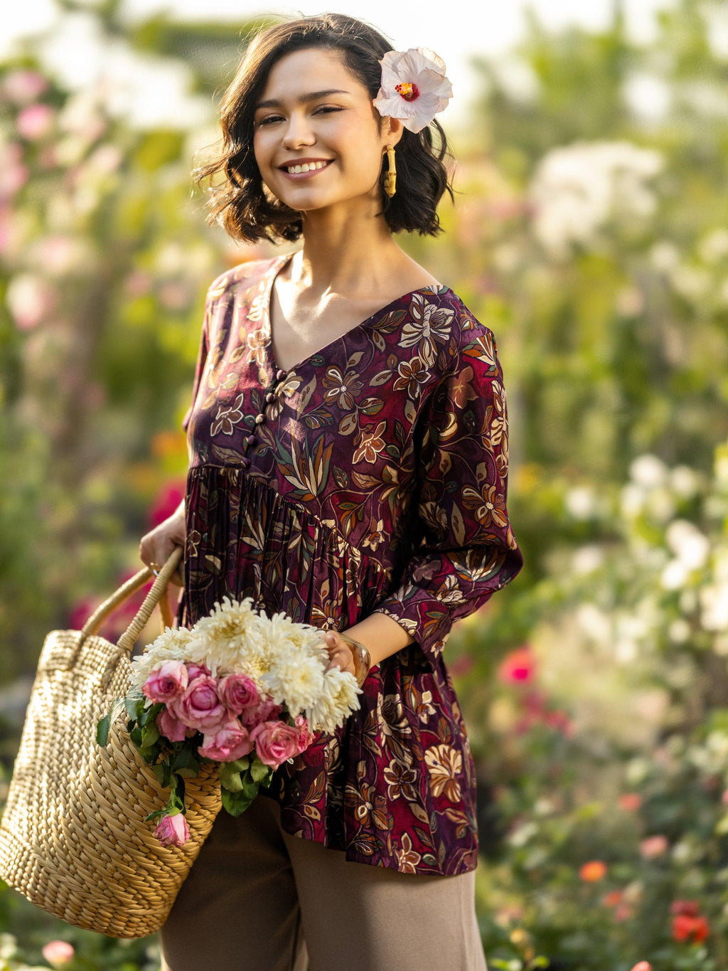 Wine Printed Silk Blend A-Line Kurti