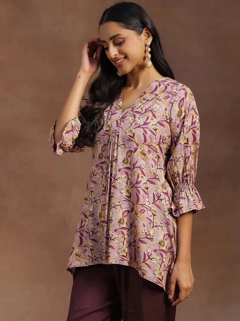 Purple Printed Rayon A-line Kurti