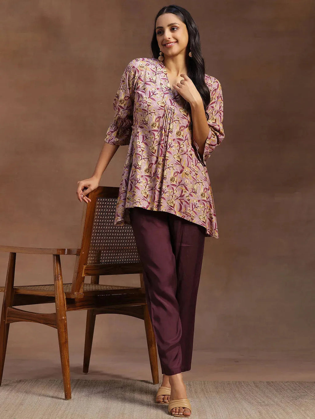 Purple Printed Rayon A-line Kurti