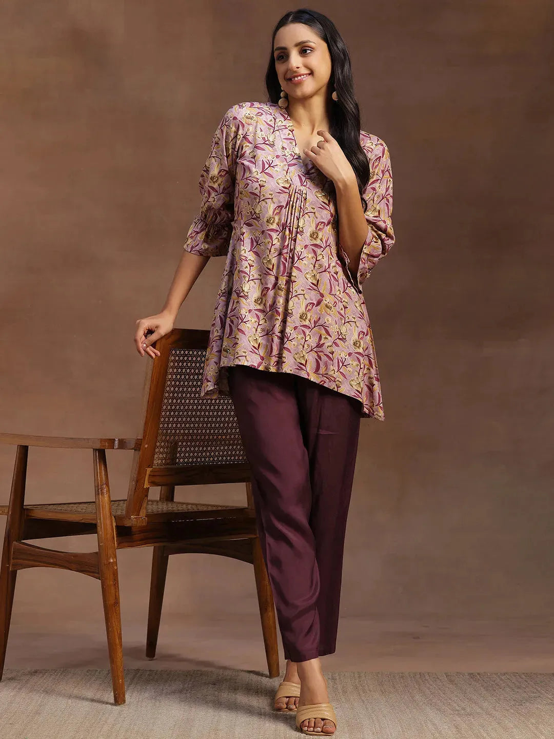 Purple Printed Rayon A-line Kurti