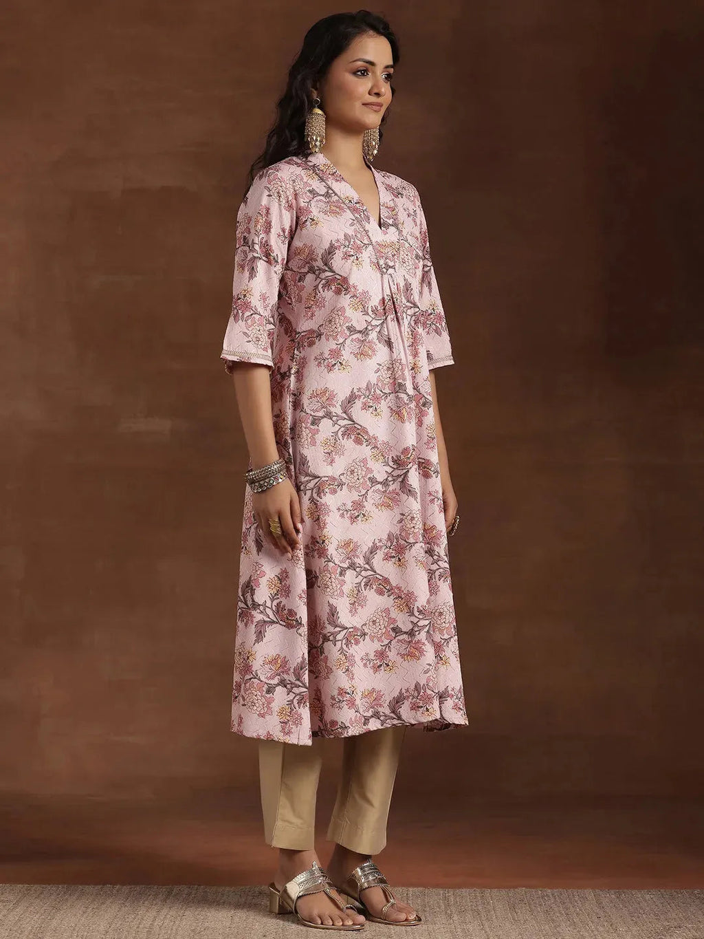 Pink Printed Cotton A-Line Kurta