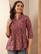 Maroon Printed Cotton A-Line Short Kurti