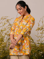 Yellow Printed Silk Blend A-Line Kurti