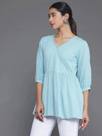Blue Woven Design Cotton Blend A-Line Kurti