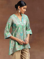 Green Printed Silk Blend A-Line Kurti
