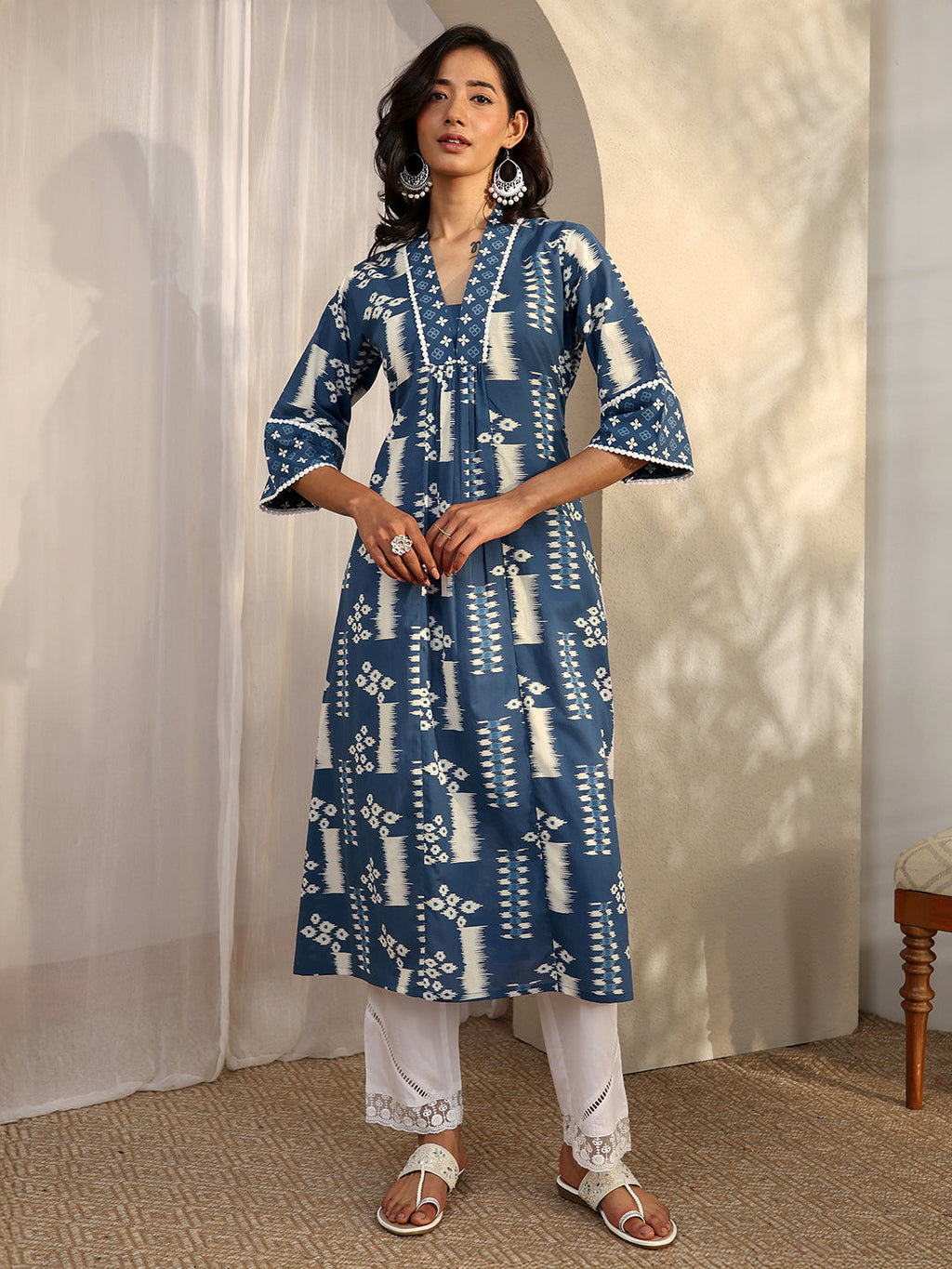 Blue Block Printed Cotton A-Line Kurta
