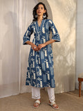 Blue Block Printed Cotton A-Line Kurta