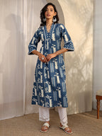Blue Block Printed Cotton A-Line Kurta