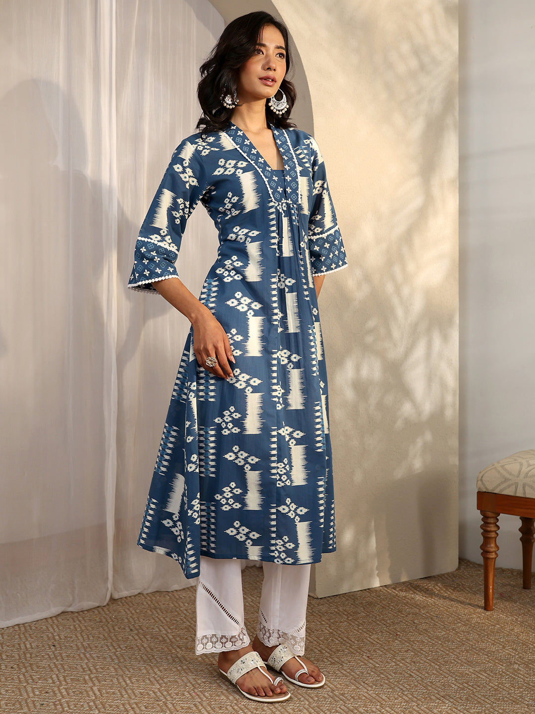 Blue Block Printed Cotton A-Line Kurta
