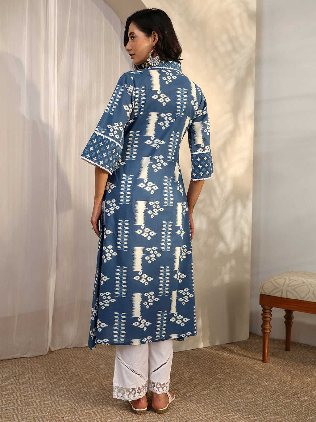 Blue Block Printed Cotton A-Line Kurta