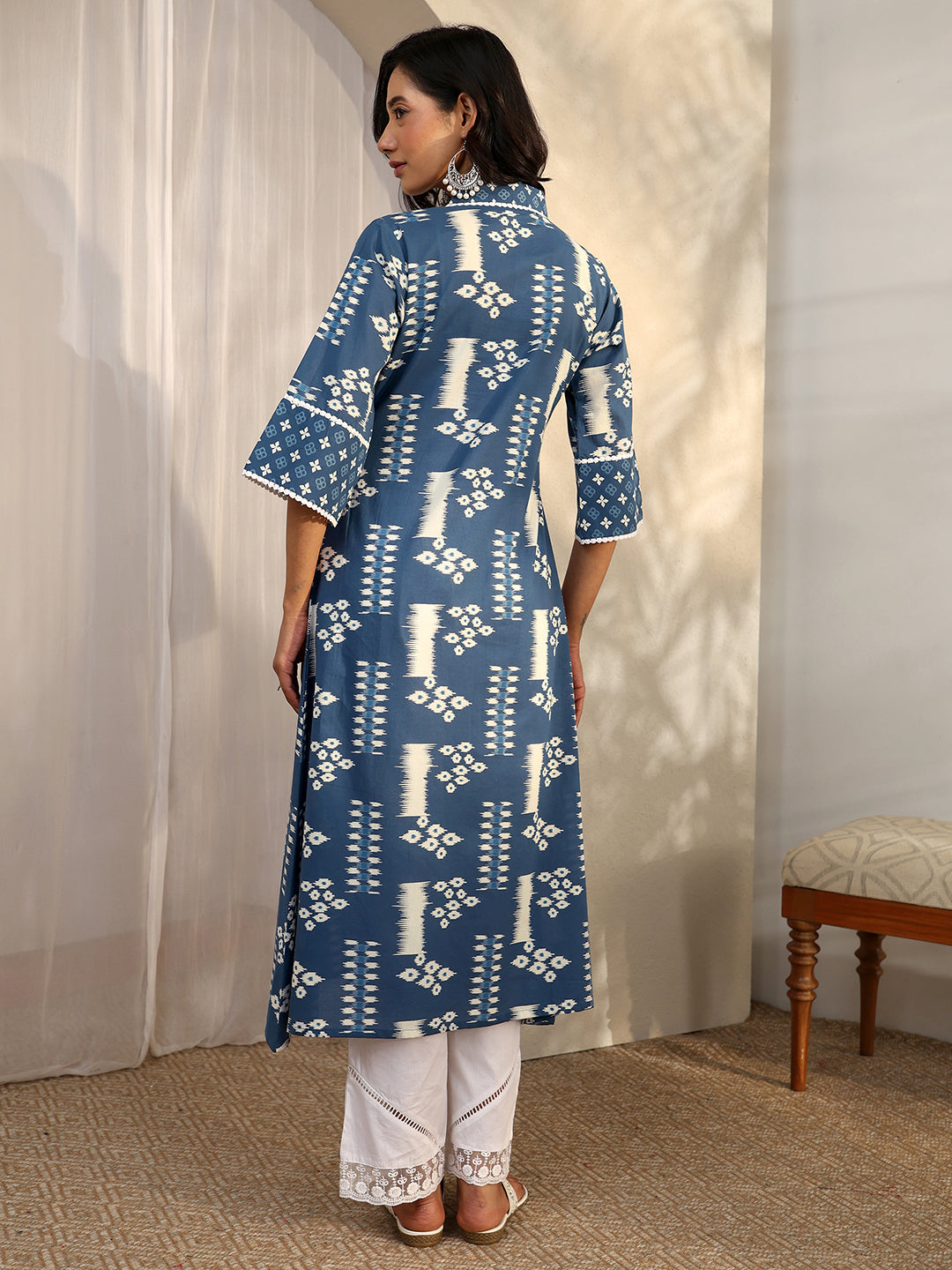 Blue Block Printed Cotton A-Line Kurta