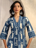 Blue Block Printed Cotton A-Line Kurta