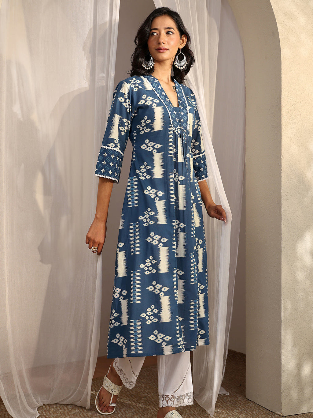 Blue Block Printed Cotton A-Line Kurta