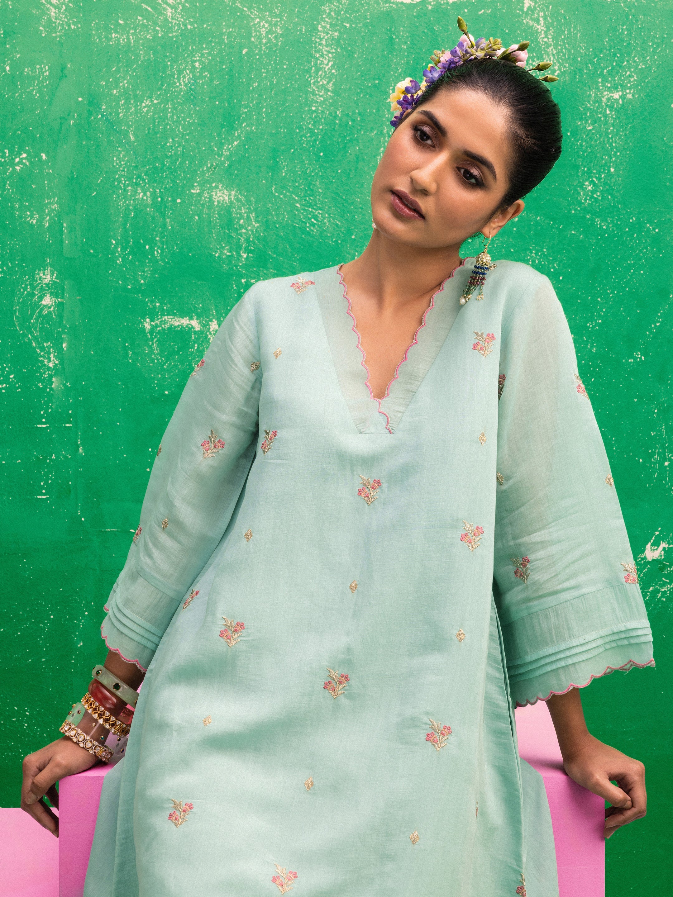 Gianna Blue Embroidered Chanderi Cotton A-Line Kurta