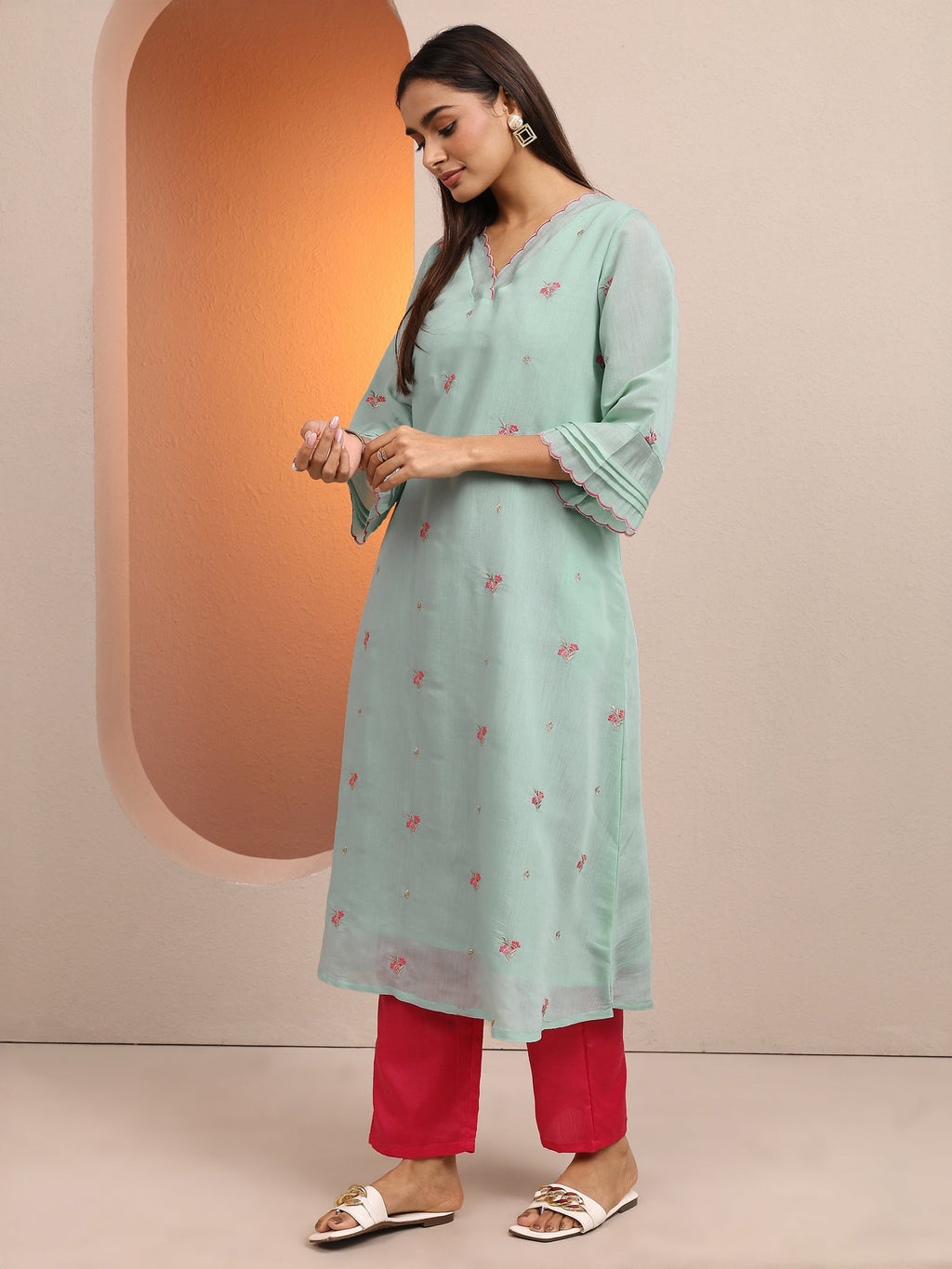 Gianna Blue Embroidered Chanderi Cotton A-Line Kurta