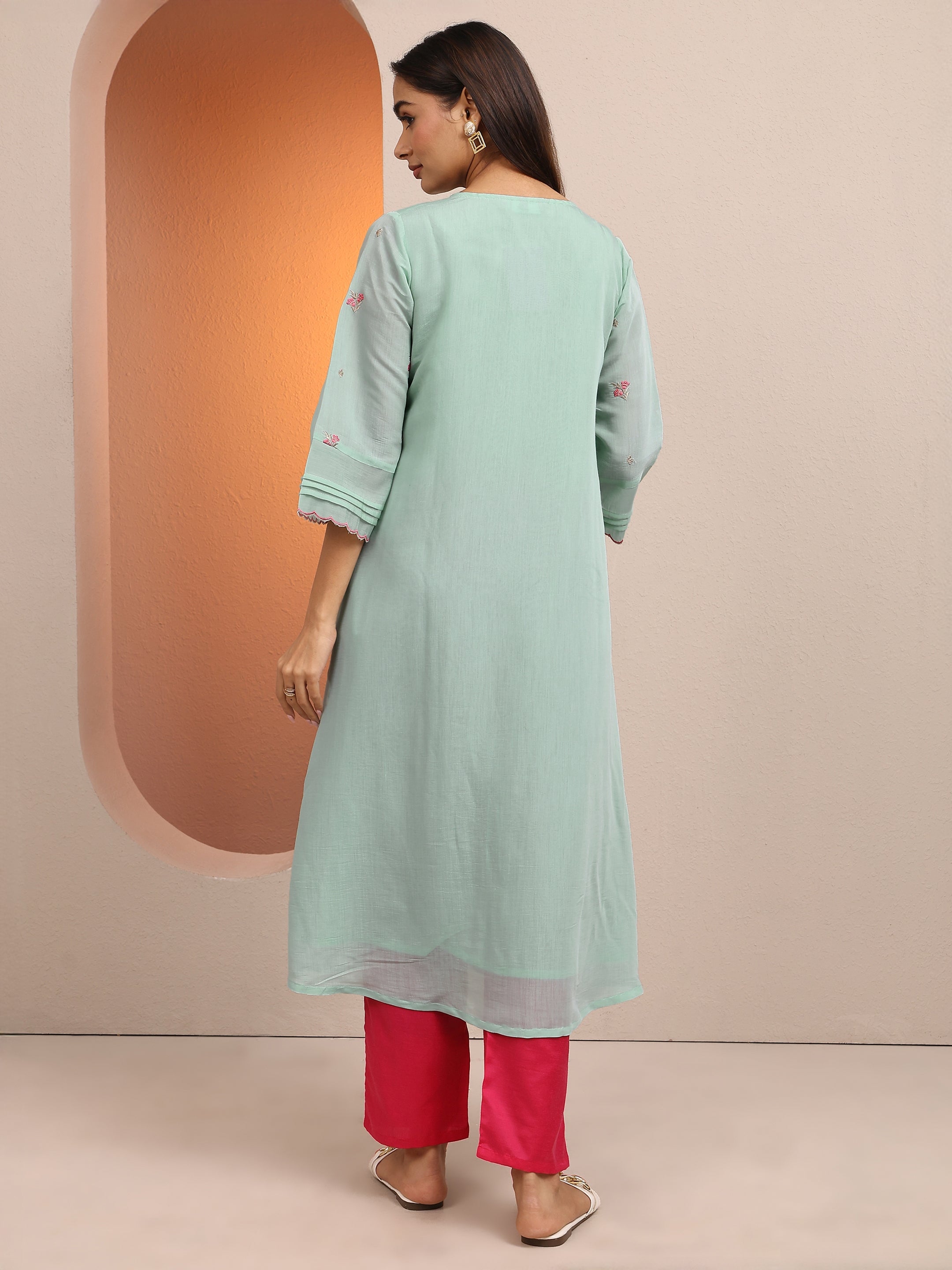 Gianna Blue Embroidered Chanderi Cotton A-Line Kurta