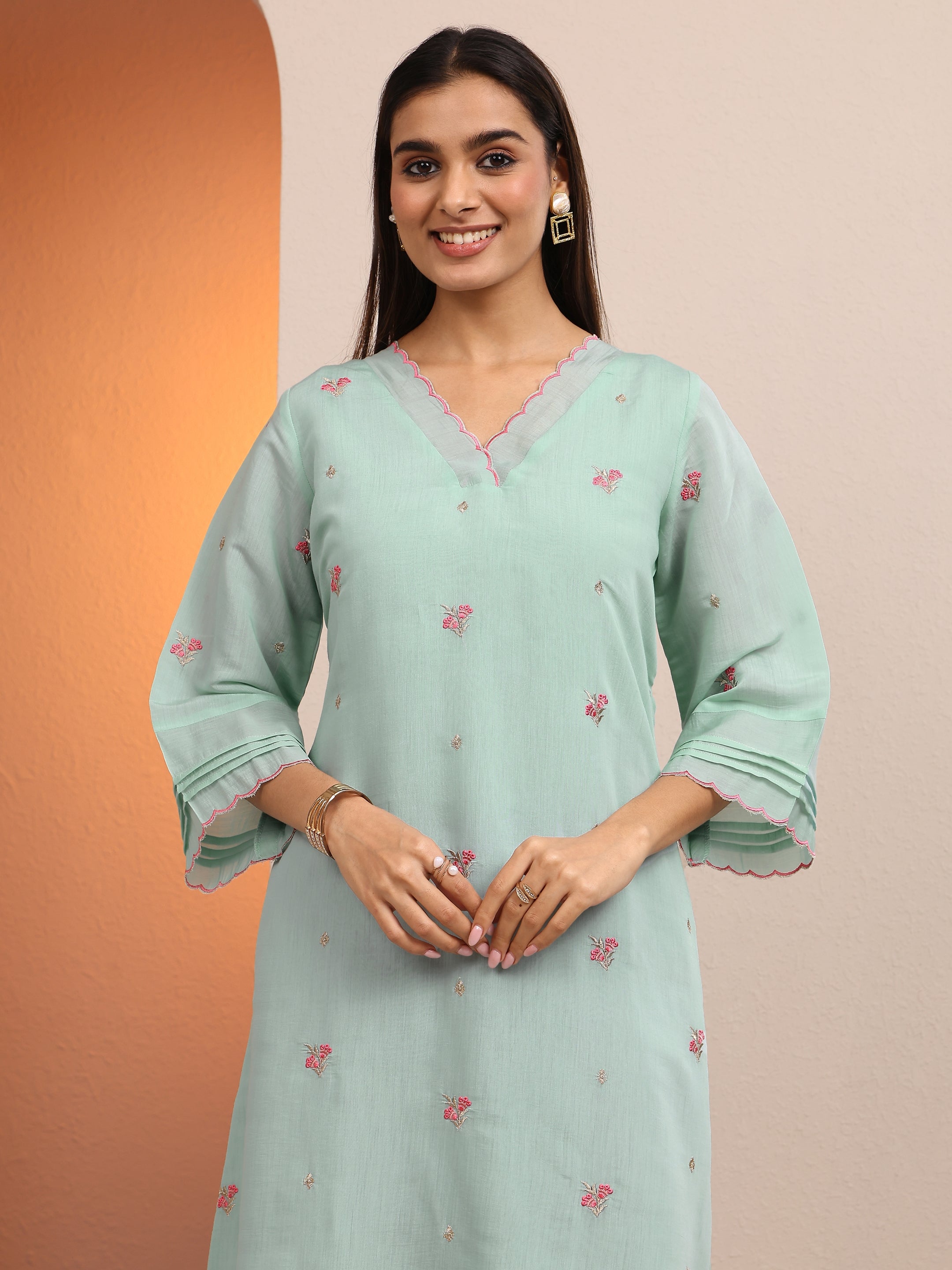Gianna Blue Embroidered Chanderi Cotton A-Line Kurta