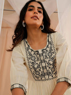 Off White Yoke Design Cotton A-Line Kurti