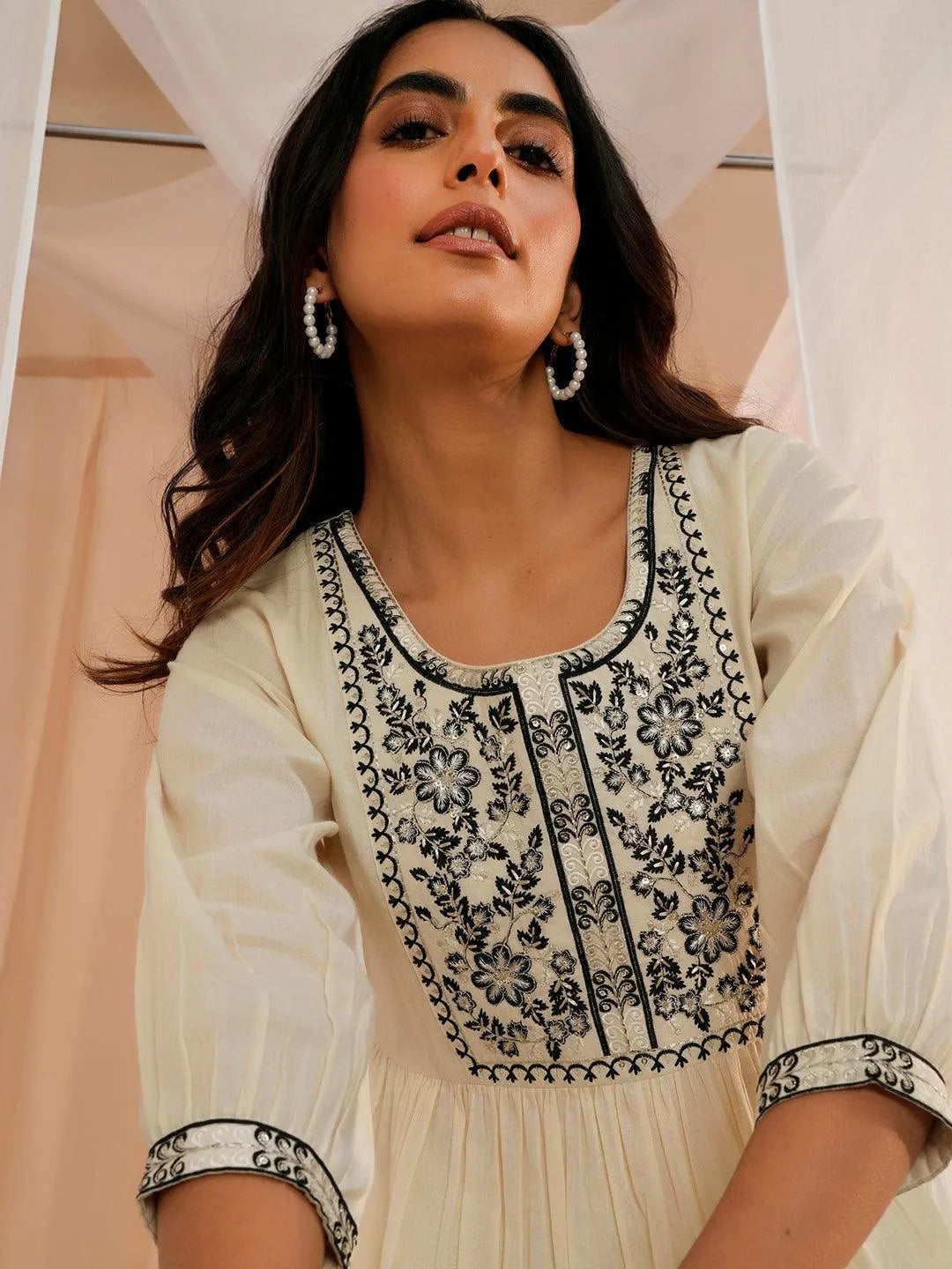 Off White Yoke Design Cotton A-Line Kurti