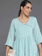 Blue Woven Design Cotton Blend A-Line Kurti