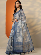 Blue Printed Silk Blend Saree With Unstitched Blouse Piece