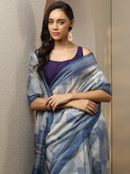 Blue Printed Silk Blend Saree With Unstitched Blouse Piece