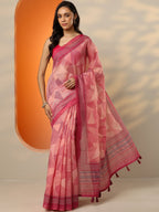 Pink Printed Silk Blend Saree With Unstitched Blouse Piece