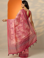 Pink Printed Silk Blend Saree With Unstitched Blouse Piece