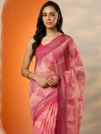 Pink Printed Silk Blend Saree With Unstitched Blouse Piece