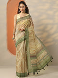 Beige Printed Silk Blend Saree With Unstitched Blouse Piece
