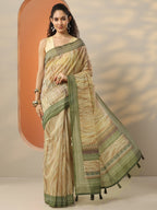 Beige Printed Silk Blend Saree With Unstitched Blouse Piece