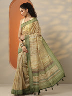Beige Printed Silk Blend Saree With Unstitched Blouse Piece