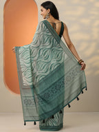 Green Printed Silk Blend Saree With Unstitched Blouse Piece