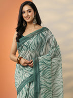Green Printed Silk Blend Saree With Unstitched Blouse Piece